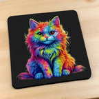 Side view of Psychedelic Rainbow Cat style 2 neoprene coasters, showcasing a whimsical, fluffy kitten with vibrant and colourful psychedelic rainbow hues by Laser Design Creations.