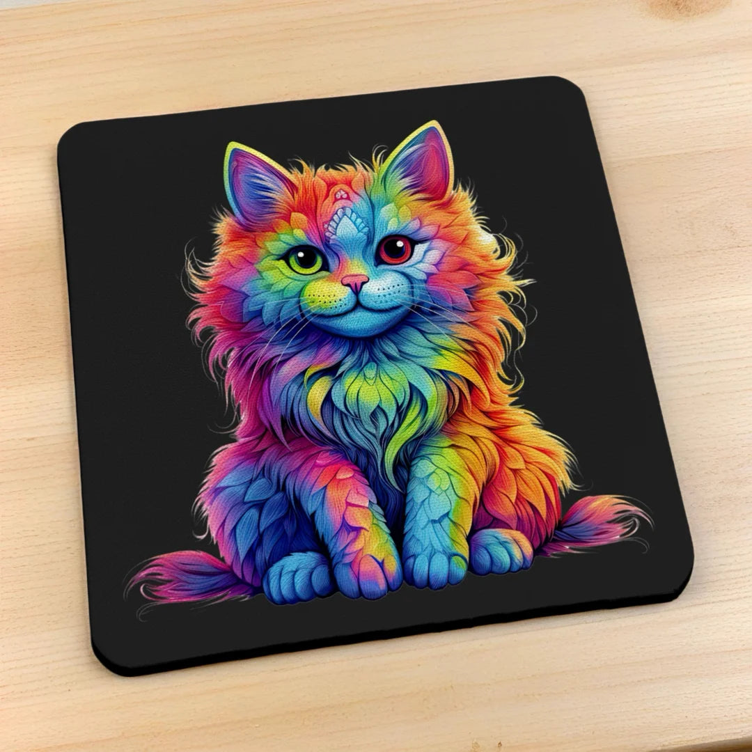 Side view of Psychedelic Rainbow Cat style 2 neoprene coasters, showcasing a whimsical, fluffy kitten with vibrant and colourful psychedelic rainbow hues by Laser Design Creations.