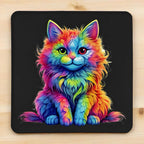Psychedelic Rainbow Cat style 2 neoprene coasters by Laser Design Creations, featuring a vibrant, colourful and whimsical fluffy kitten with a psychedelic rainbow design.