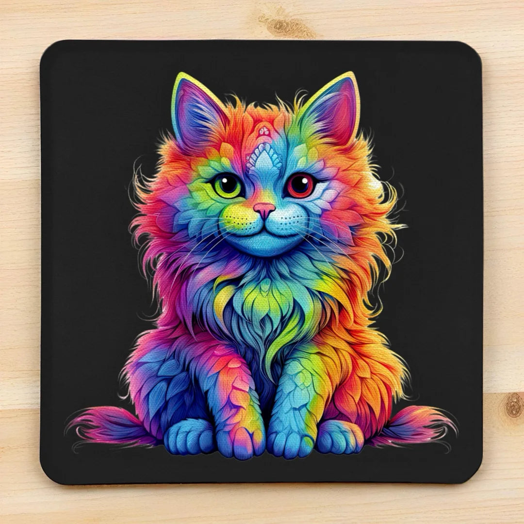 Psychedelic Rainbow Cat style 2 neoprene coasters by Laser Design Creations, featuring a vibrant, colourful and whimsical fluffy kitten with a psychedelic rainbow design.