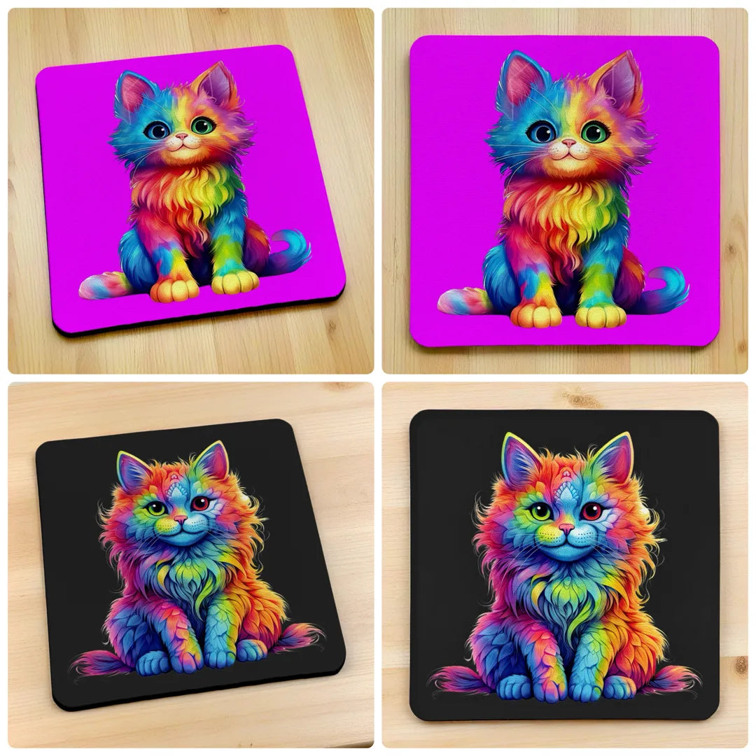 Lifestyle image of the Psychedelic Rainbow Cat neoprene coasters, printed by Australian small business Laser Design Creations.