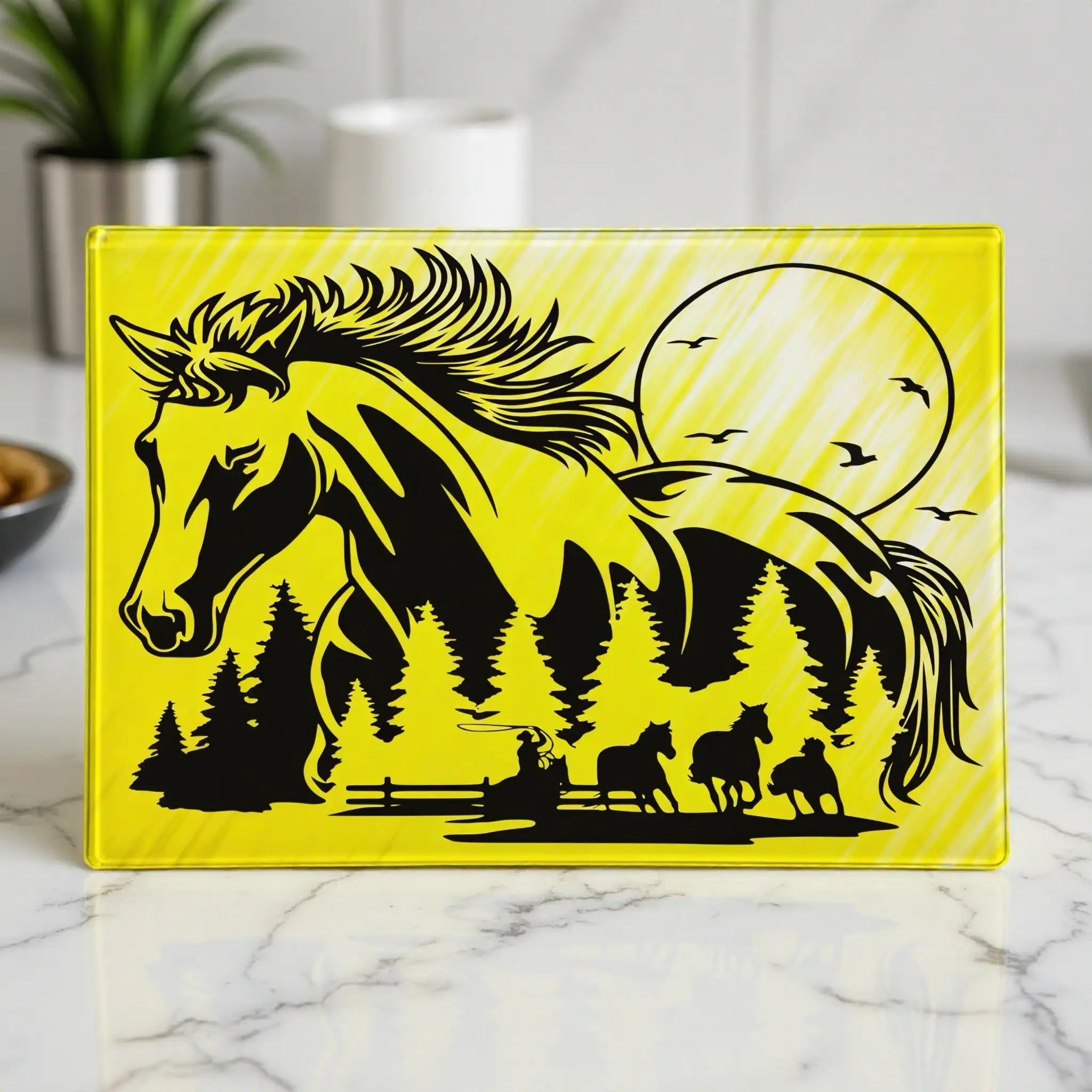 A silhouette of a horse containing a Western cowboy ranch scene chopping board from Laser Design Creations