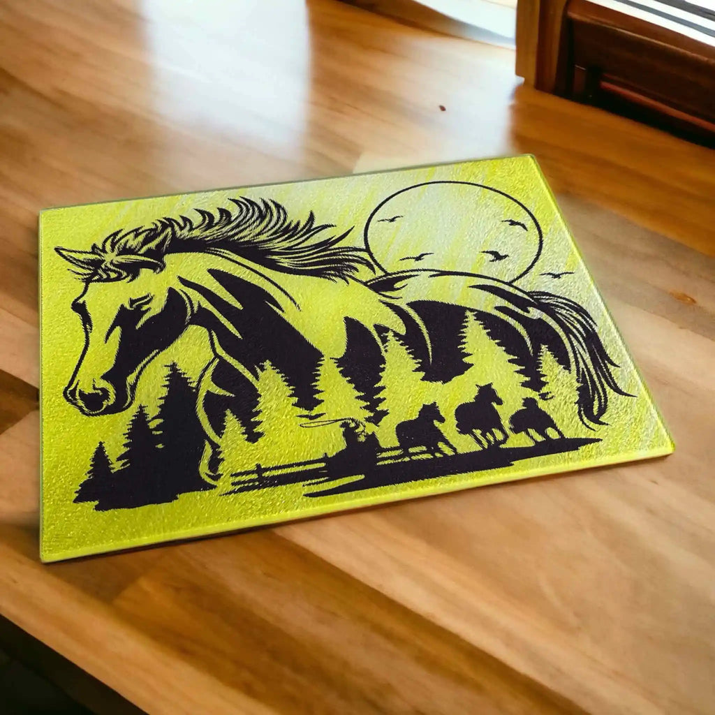 chopping board by Laser Design Creations, featuring a double exposure design of a horse's profile filled with a cowboy and ranch landscape.