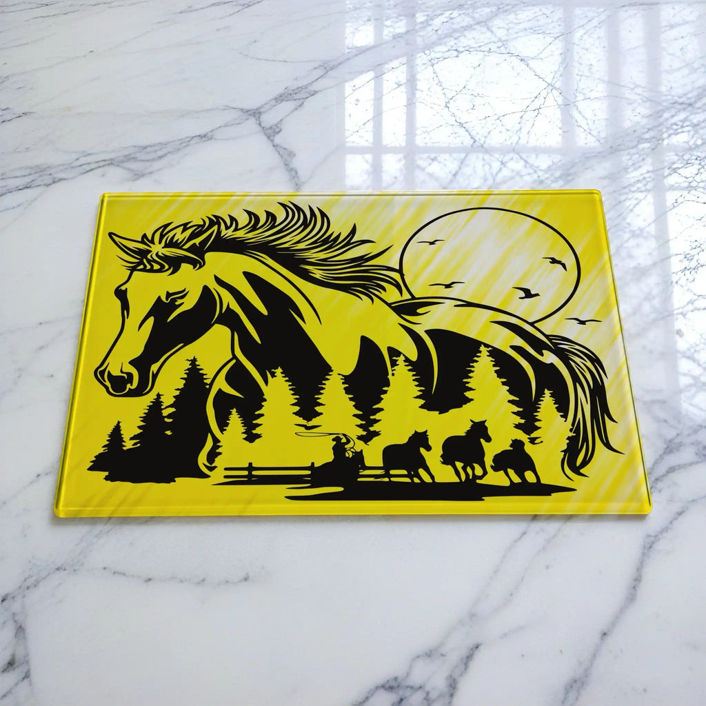 Chopping board by Laser Design Creations, featuring a double exposure design of a horse's profile filled with a cowboy and ranch landscape.