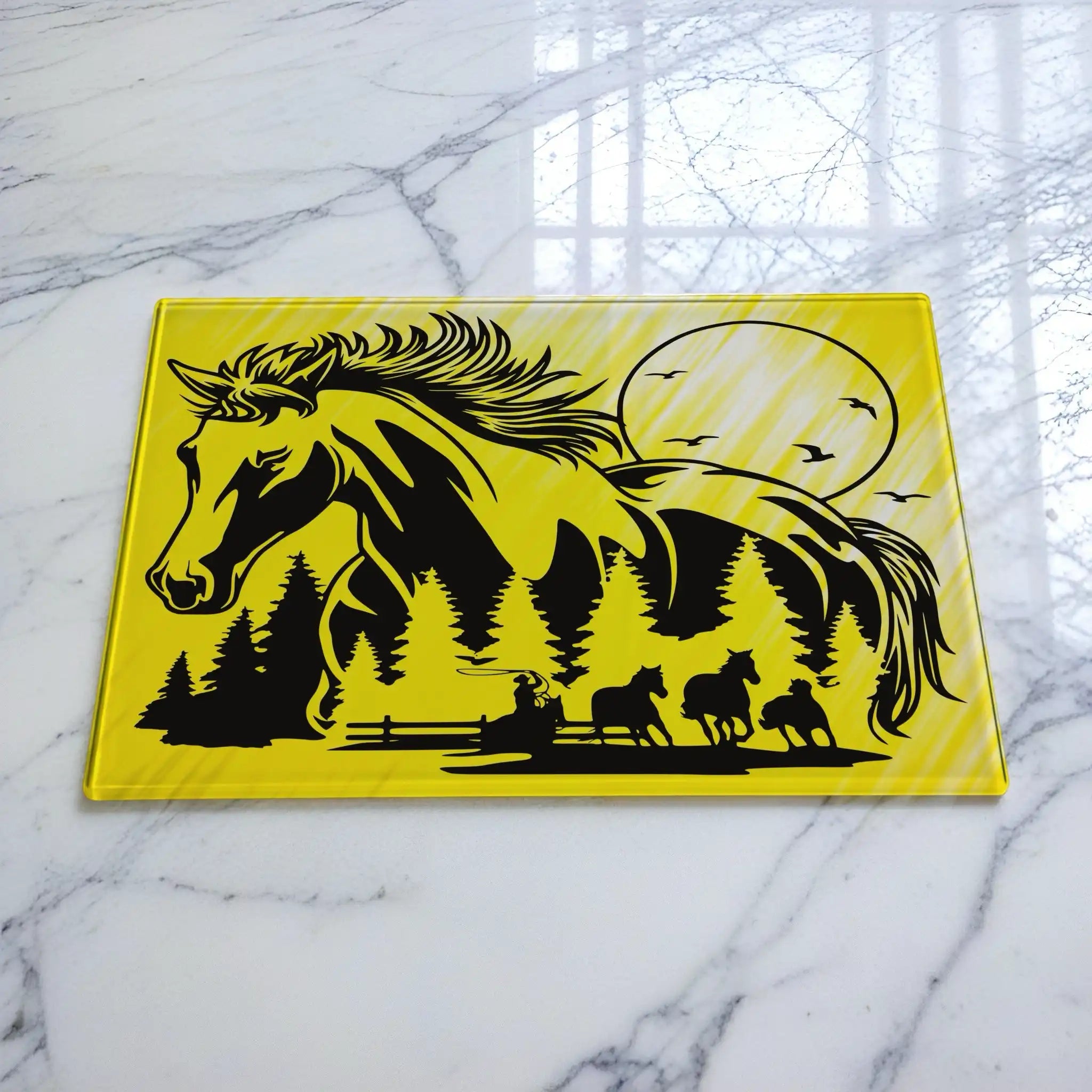Chopping board by Laser Design Creations, featuring a double exposure design of a horse's profile filled with a cowboy and ranch landscape.