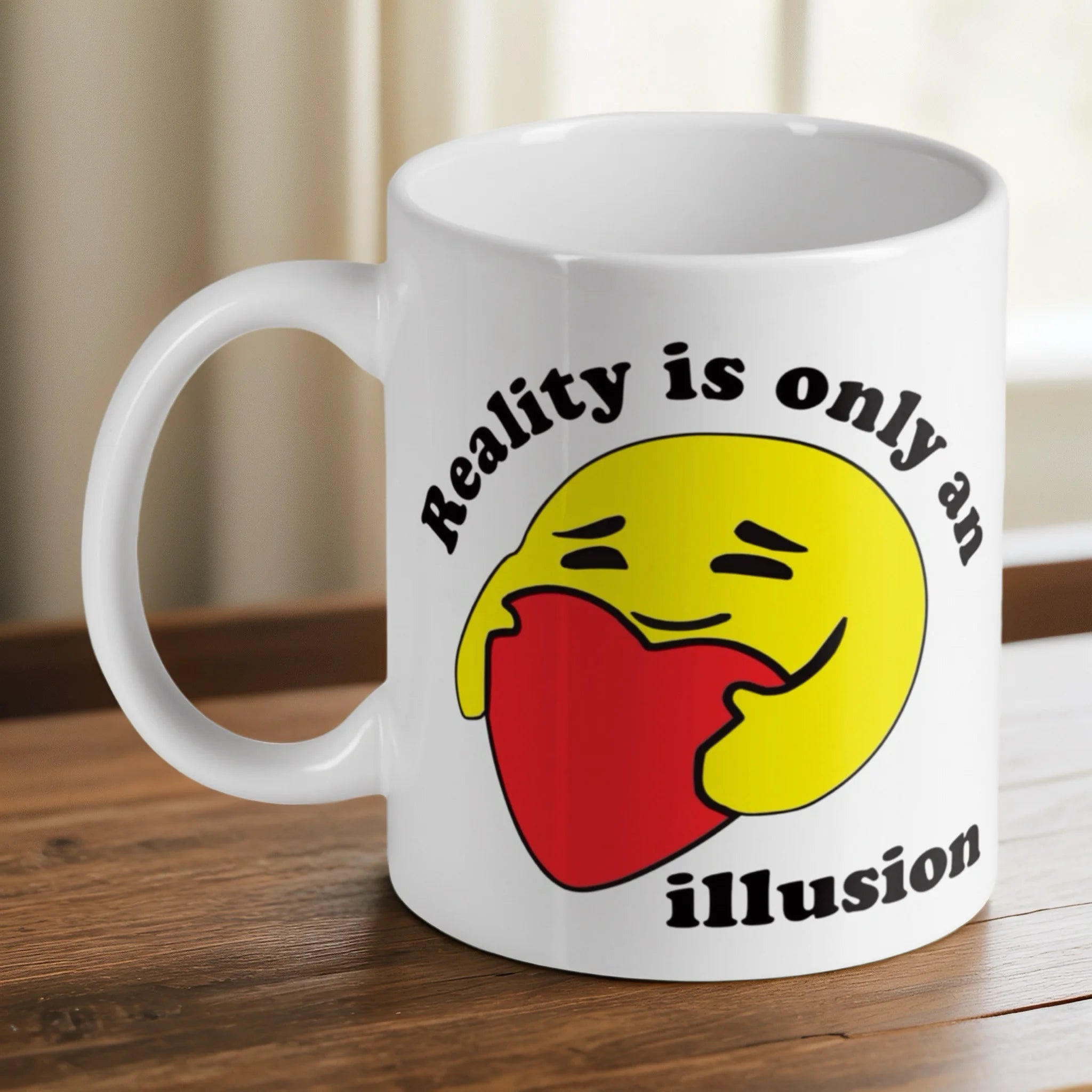 'Reality is an Illusion' emoji mug by Laser Design Creations, featuring a character hugging a heart.