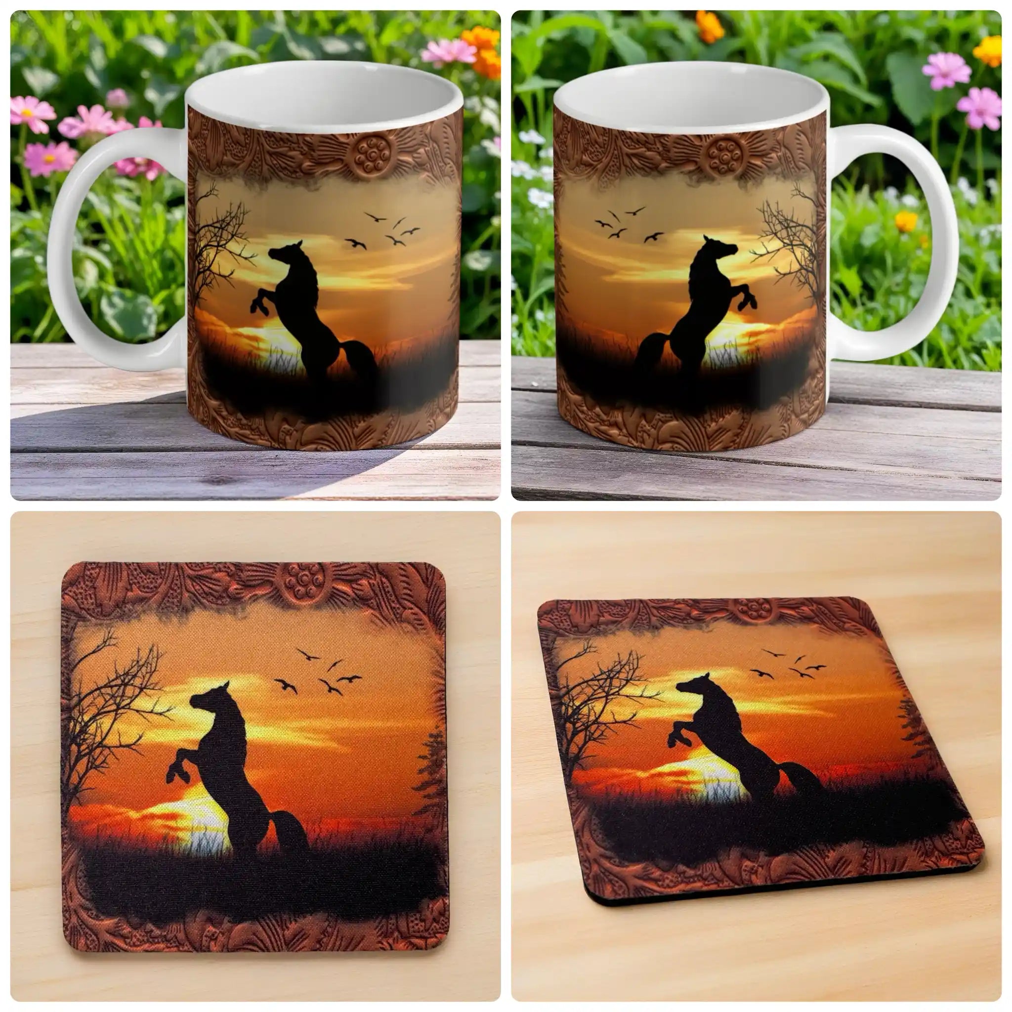 Rearing Horse Sunset Silhouette mug and coaster combo gift set collage, featuring dramatic equestrian art and a western theme, by Laser Design Creations.