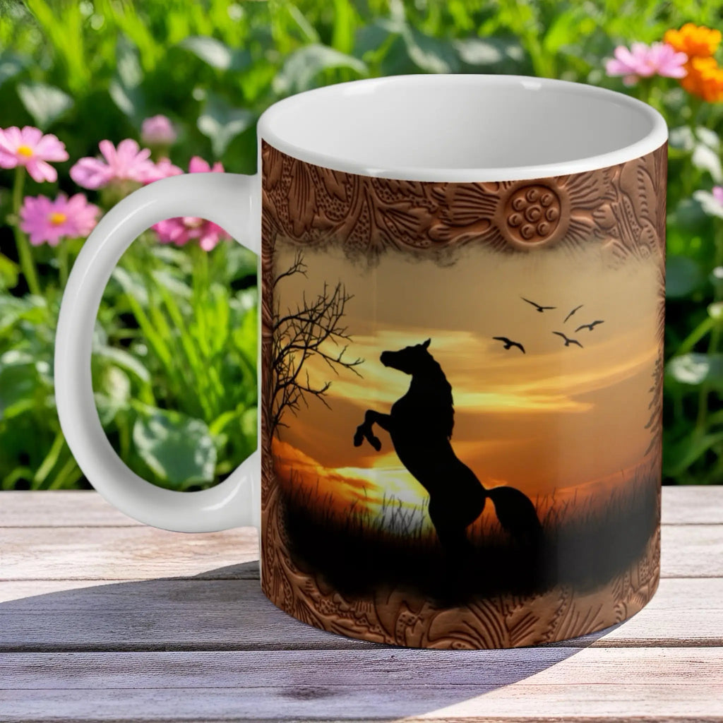 Rearing Horse Sunset Silhouette ceramic mug by Laser Design Creations, featuring a powerful horse silhouette against an orange sunset and rustic border.