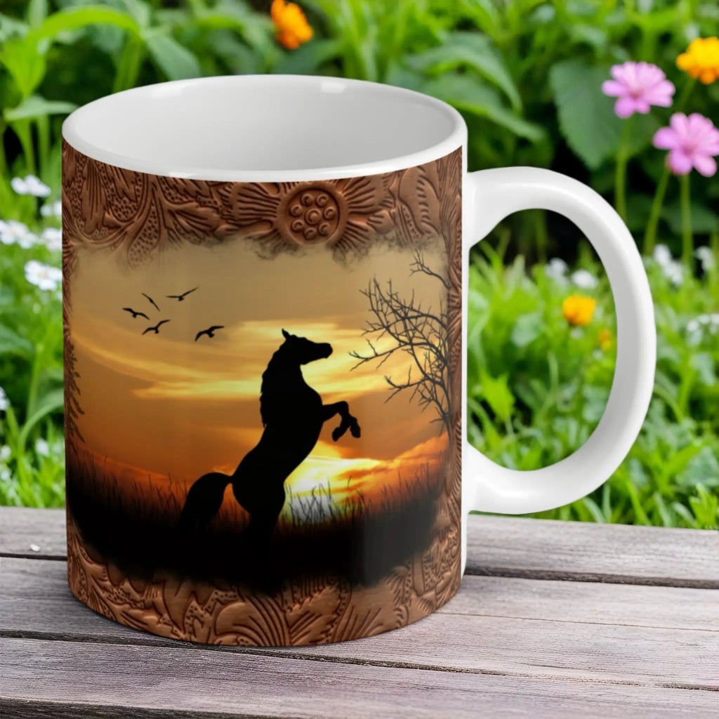 Reverse side of Rearing Horse Sunset Silhouette mug, showing the dramatic horse and western-style border by Laser Design Creations.

