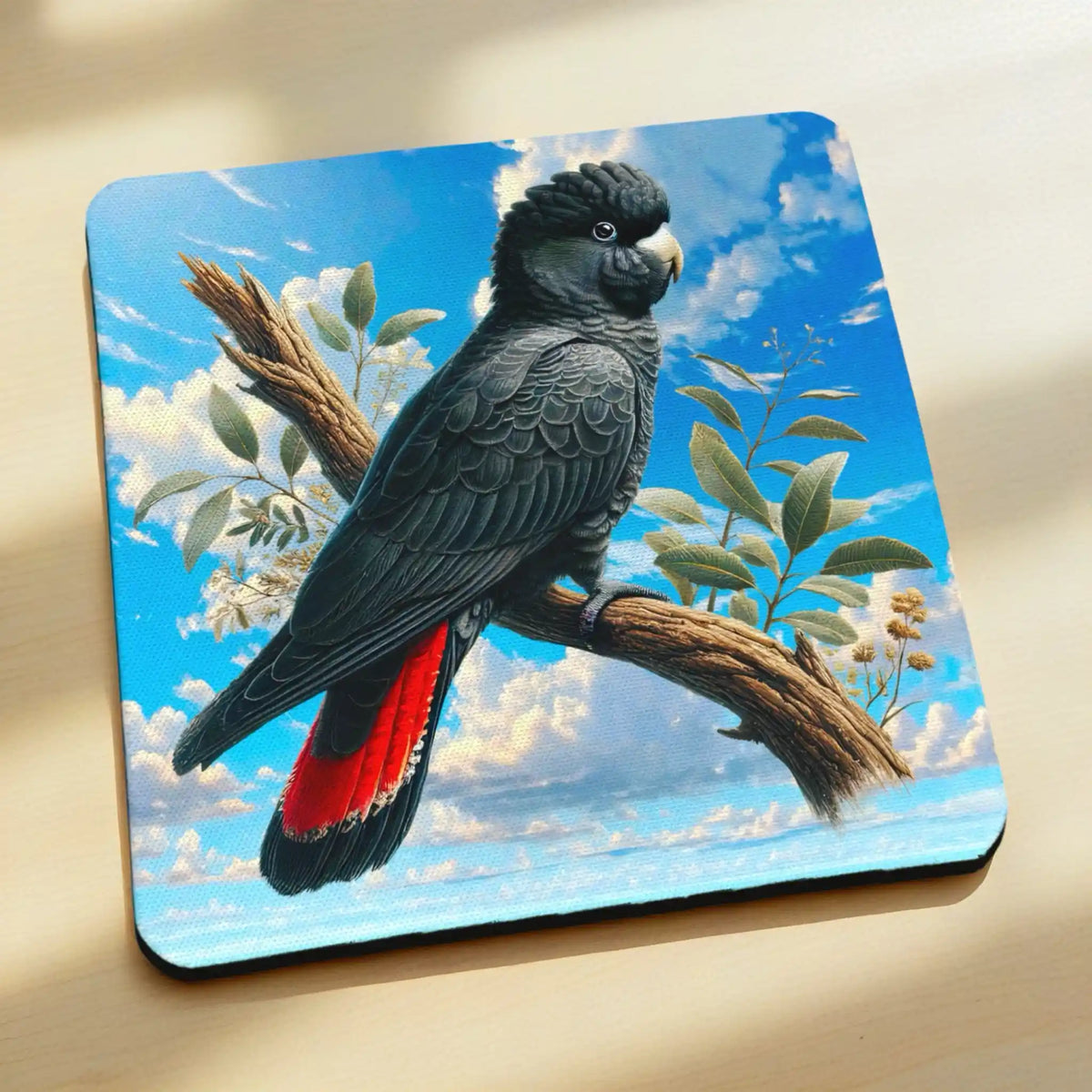 Side view of watercolour Red Tailed Black Cockatoo neoprene coaster with native Australian bird design, by Laser Design Creations.