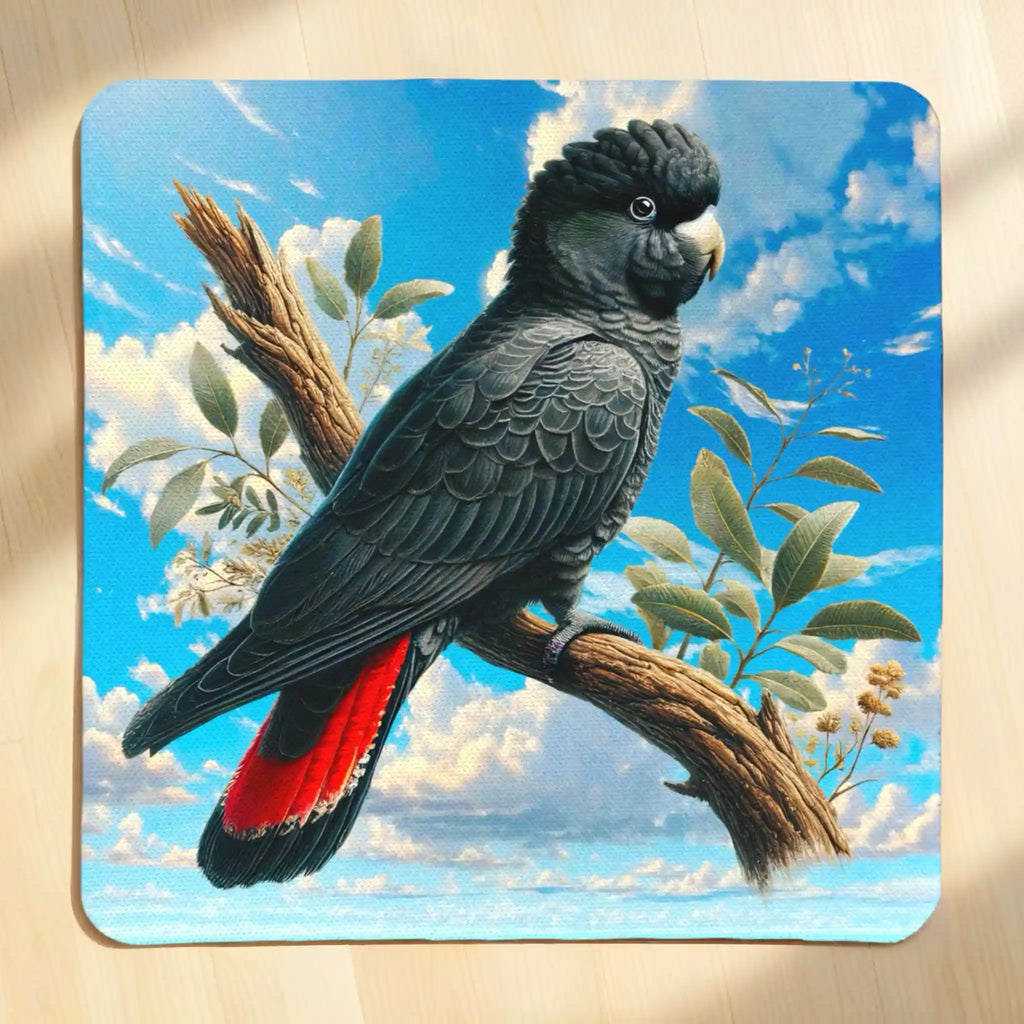 Top view of watercolour Red Tailed Black Cockatoo neoprene coaster with detailed plumage artwork, by Laser Design Creations.