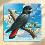 Top view of watercolour Red Tailed Black Cockatoo neoprene coaster with detailed plumage artwork, by Laser Design Creations.