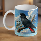 Watercolour Red Tailed Black Cockatoo ceramic mug by Laser Design Creations, featuring a vibrant native bird portrait on a soft artistic background.