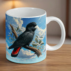 Reverse side of watercolour Red Tailed Black Cockatoo mug, detailed Australian wildlife illustration by Laser Design Creations.