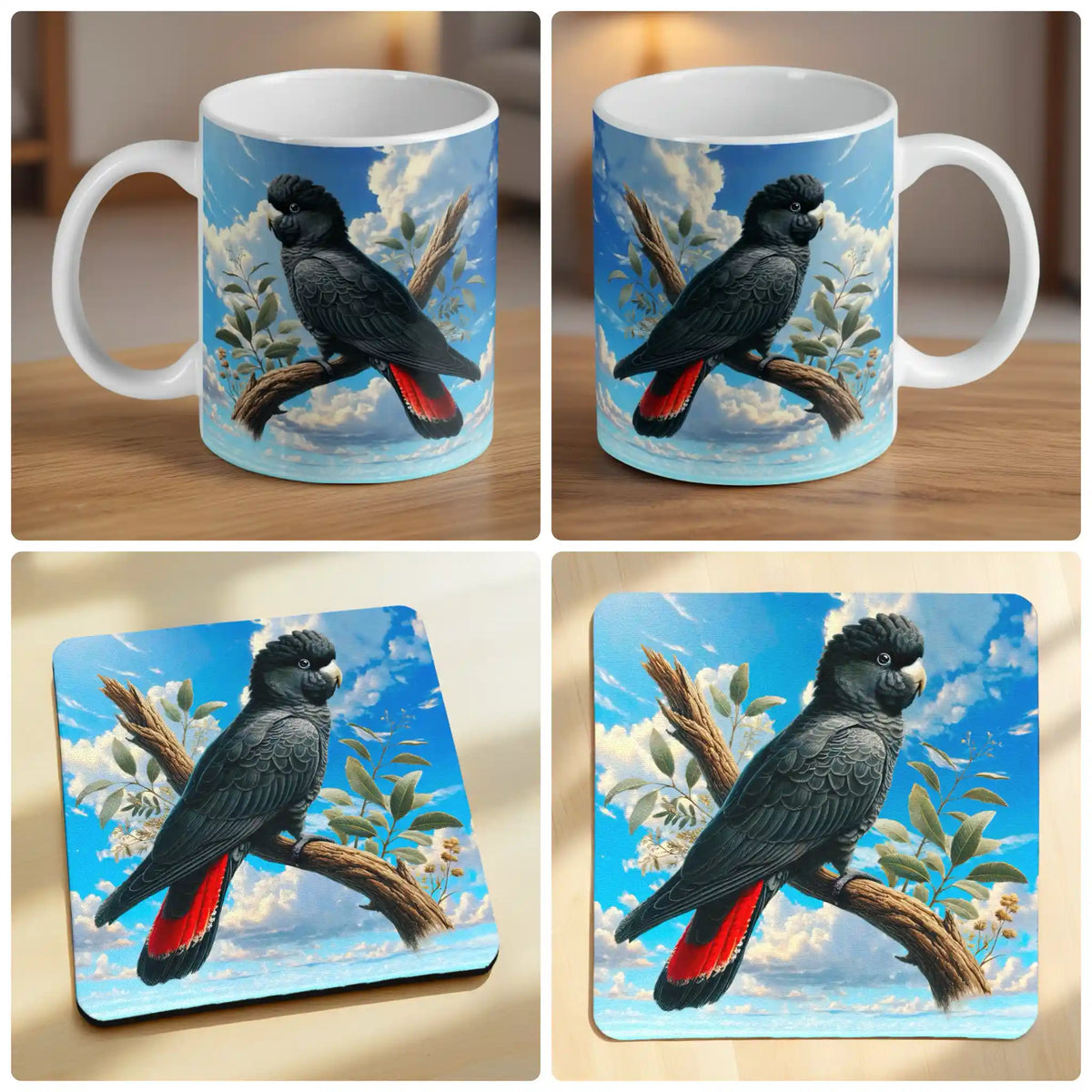 Watercolour Red Tailed Black Cockatoo mug and coaster combo gift set collage, native Australian bird art on a clean background, by Laser Design Creations.