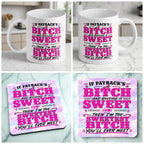 Sweetest Bitch Revenge Quote mug and coaster combo gift set collage, sassy typography and lips graphic on a clean background, by Laser Design Creations.