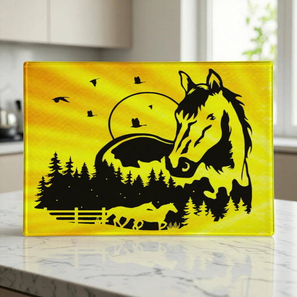 Majestic horse silhouette double exposure sunset forest country art glass chopping board from Laser Design Creations