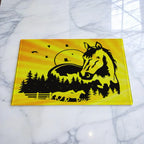 Majestic horse sunset forest silhouette glass chopping board by Laser Design Creations, featuring a double exposure of running horses against a warm country sunset and forest background.