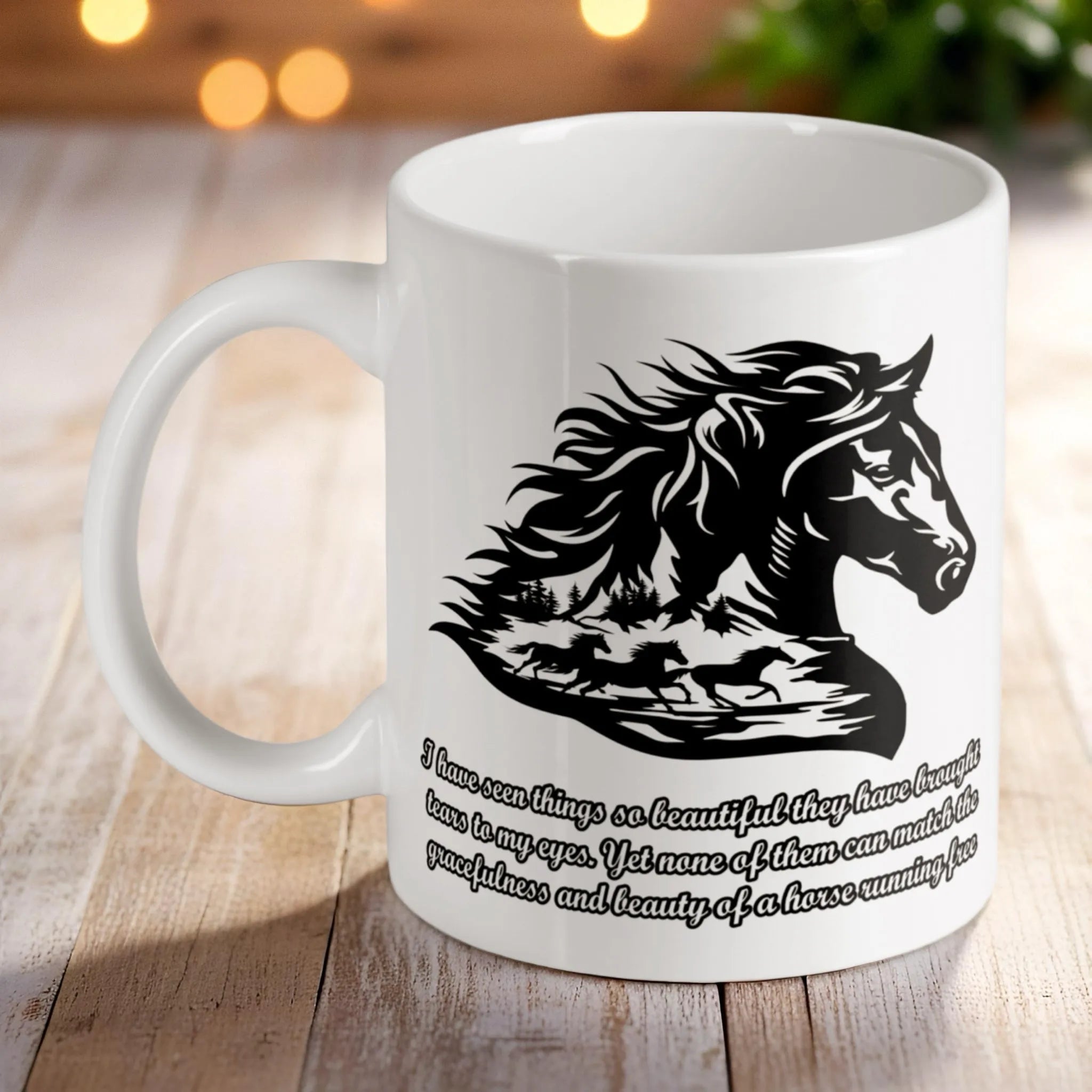 Horse Silhouette with Quote ceramic mug by Laser Design Creations, featuring an artistic design of horses running free.