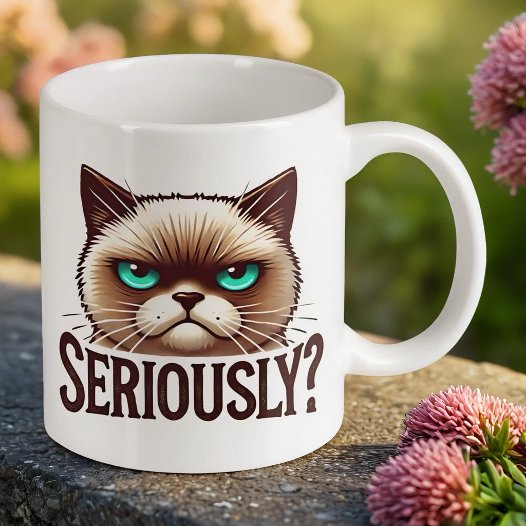 Reverse side of the "Seriously?" Grumpy Cat ceramic mug, showcasing the funny vector cat illustration and the sarcastic quote "SERIOUSLY?" by Laser Design Creations.