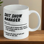 Reverse side of a Shit Show Manager mug, showcasing the sarcastic office humour quote by Laser Design Creations.