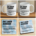 Shit Show Manager mug and coaster combo gift set collage, showing the sarcastic office-themed designs, by Laser Design Creations.