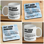 Shit Show Supervisor & manager mug and coaster combo gift set collage, showing the sarcastic office-themed designs, by Laser Design Creations.