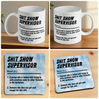 Shit Show Supervisor mug and coaster combo gift set collage, showing the sarcastic office-themed designs, by Laser Design Creations.