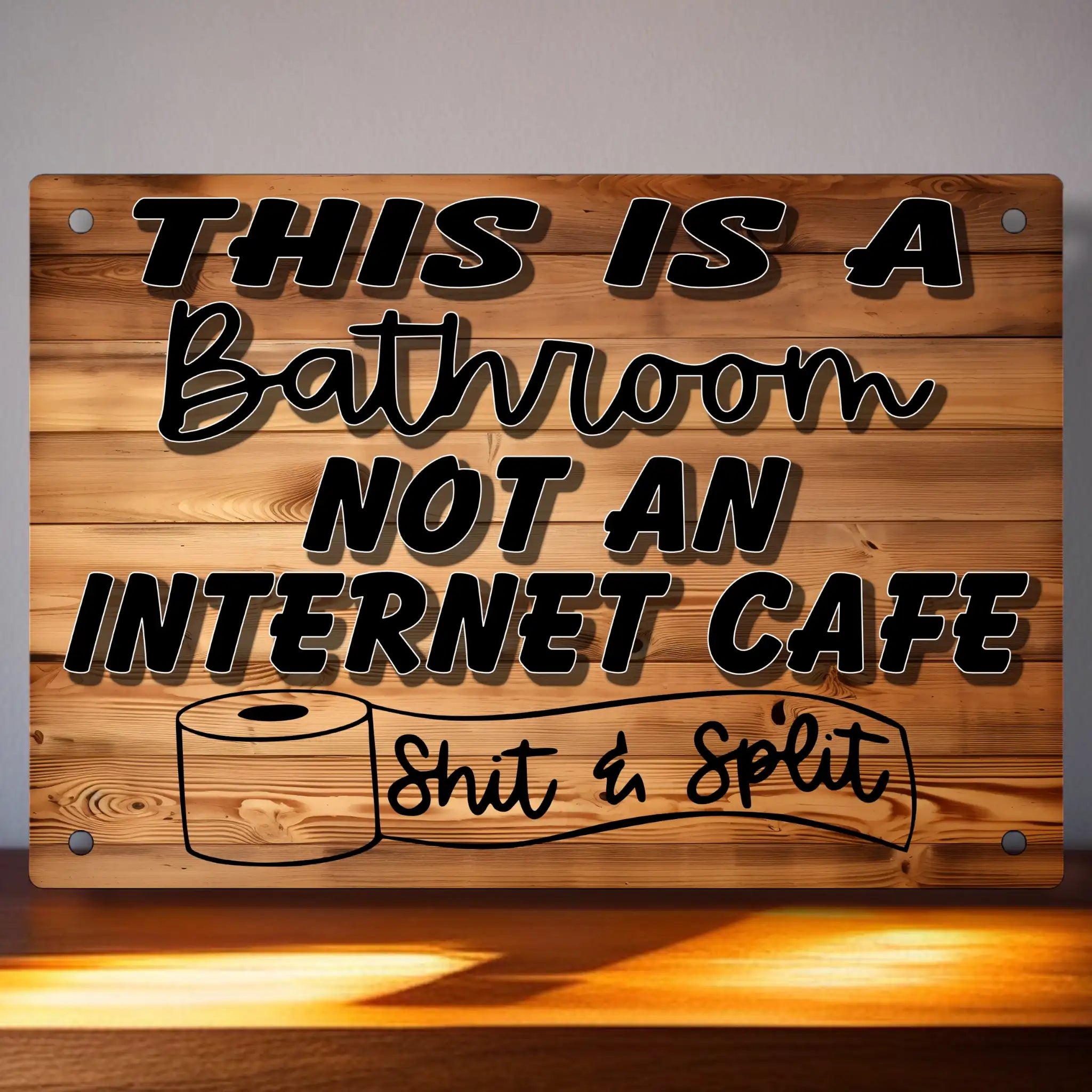 'Shit & Split' Novelty Sign by Laser Design Creations, featuring the cheeky phrase 'Shit & Split' in bold lettering on a wood-effect background.