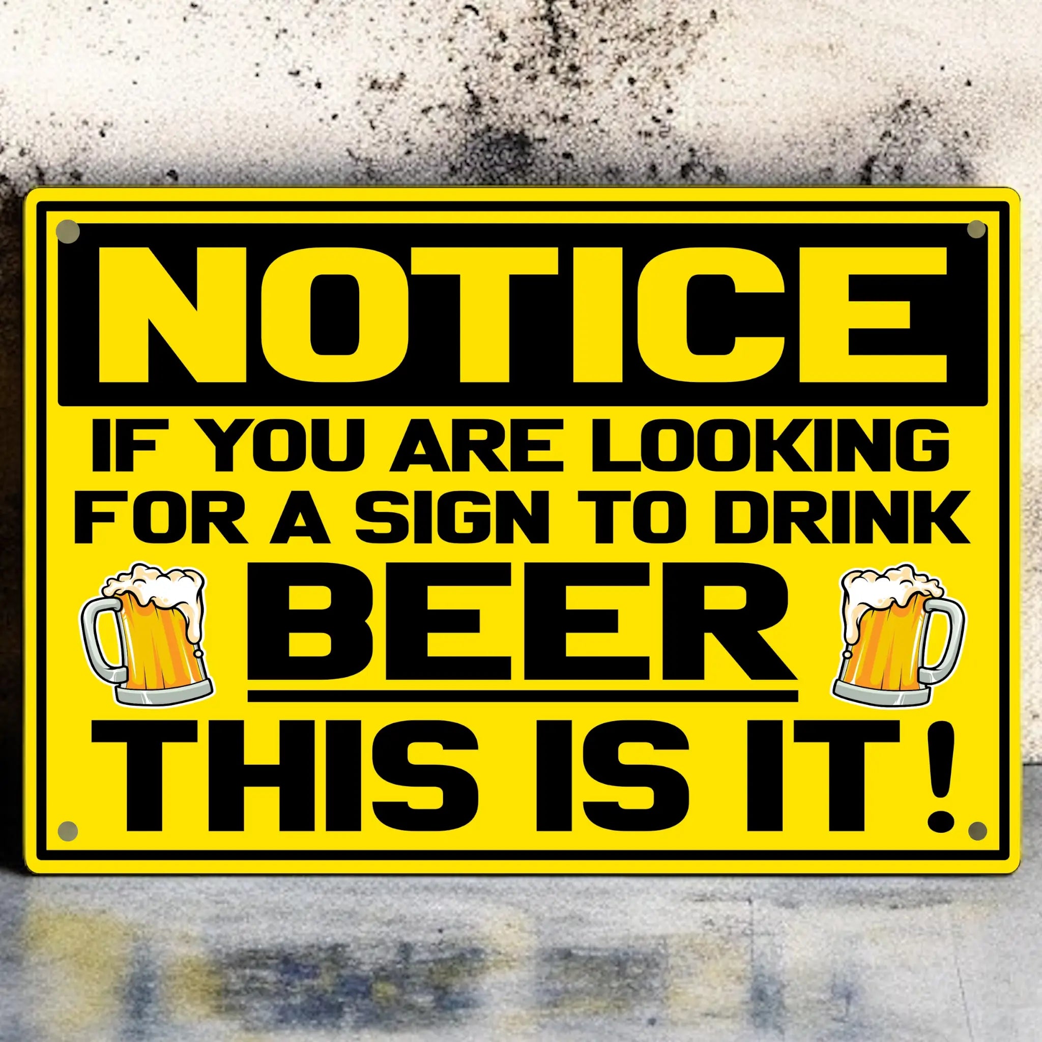 Funny Beer Drinking Warning Sign Aluminium Sign by Laser Design Creations, featuring bold, high-visibility yellow text perfect for a man cave or home bar.