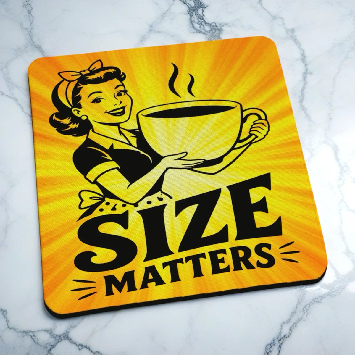 Side view of Size Matters neoprene coaster with sleek profile and cheeky retro pop art graphic, by Laser Design Creations.
