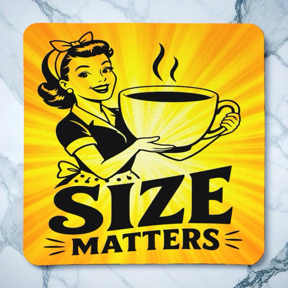 Top view of Size Matters neoprene coaster with retro 1950s comic art styling and adult humour quote, by Laser Design Creations.