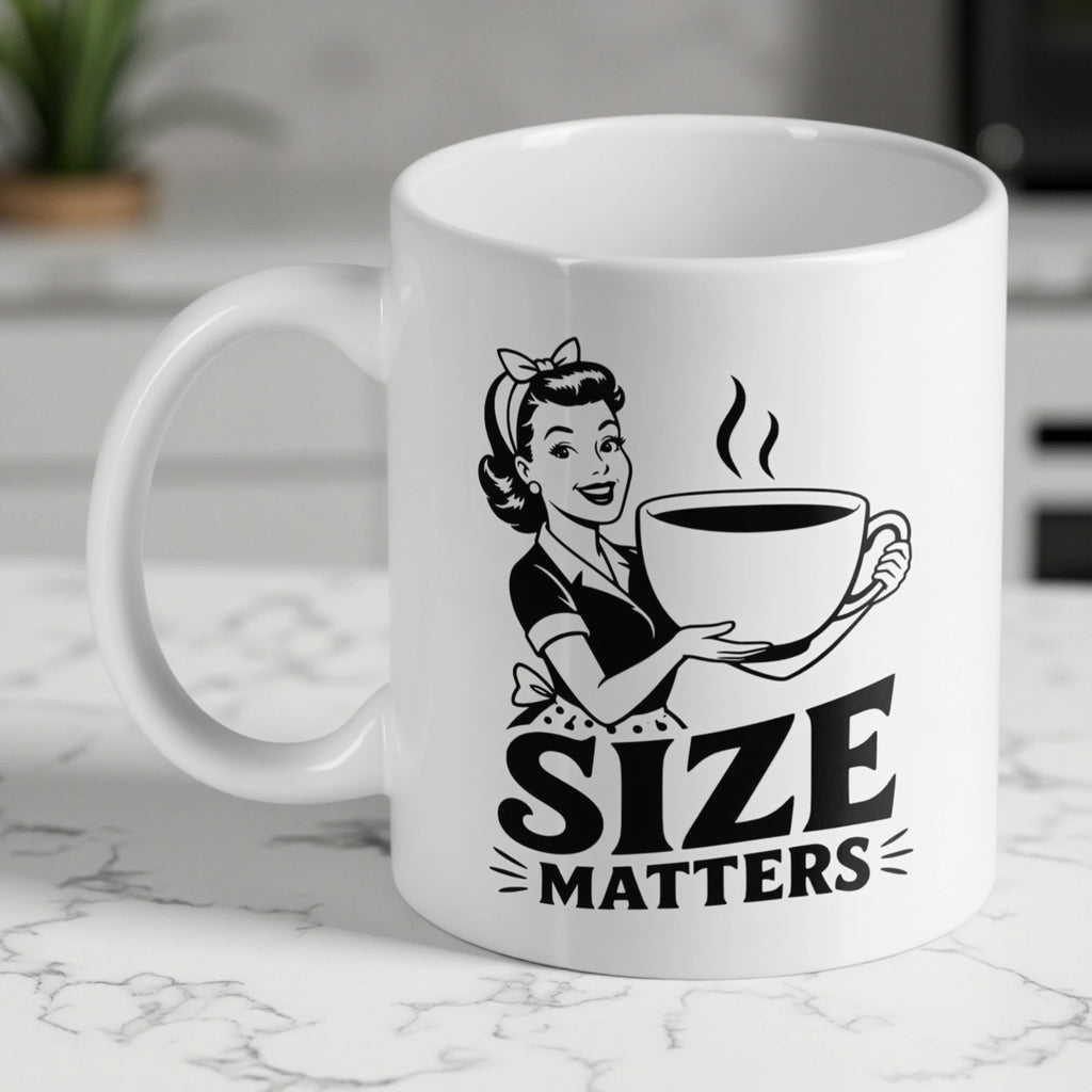 Size Matters ceramic mug by Laser Design Creations, featuring retro 1950s comic pop art adult humour quote on a vintage background.