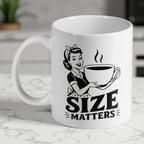 Size Matters ceramic mug by Laser Design Creations, featuring retro 1950s comic pop art adult humour quote on a vintage background.