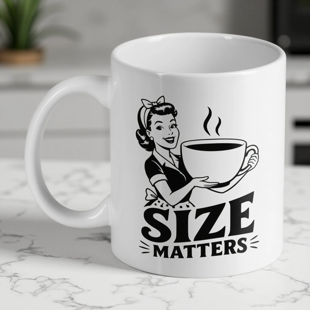 Size Matters ceramic mug by Laser Design Creations, featuring retro 1950s comic pop art adult humour quote on a vintage background.