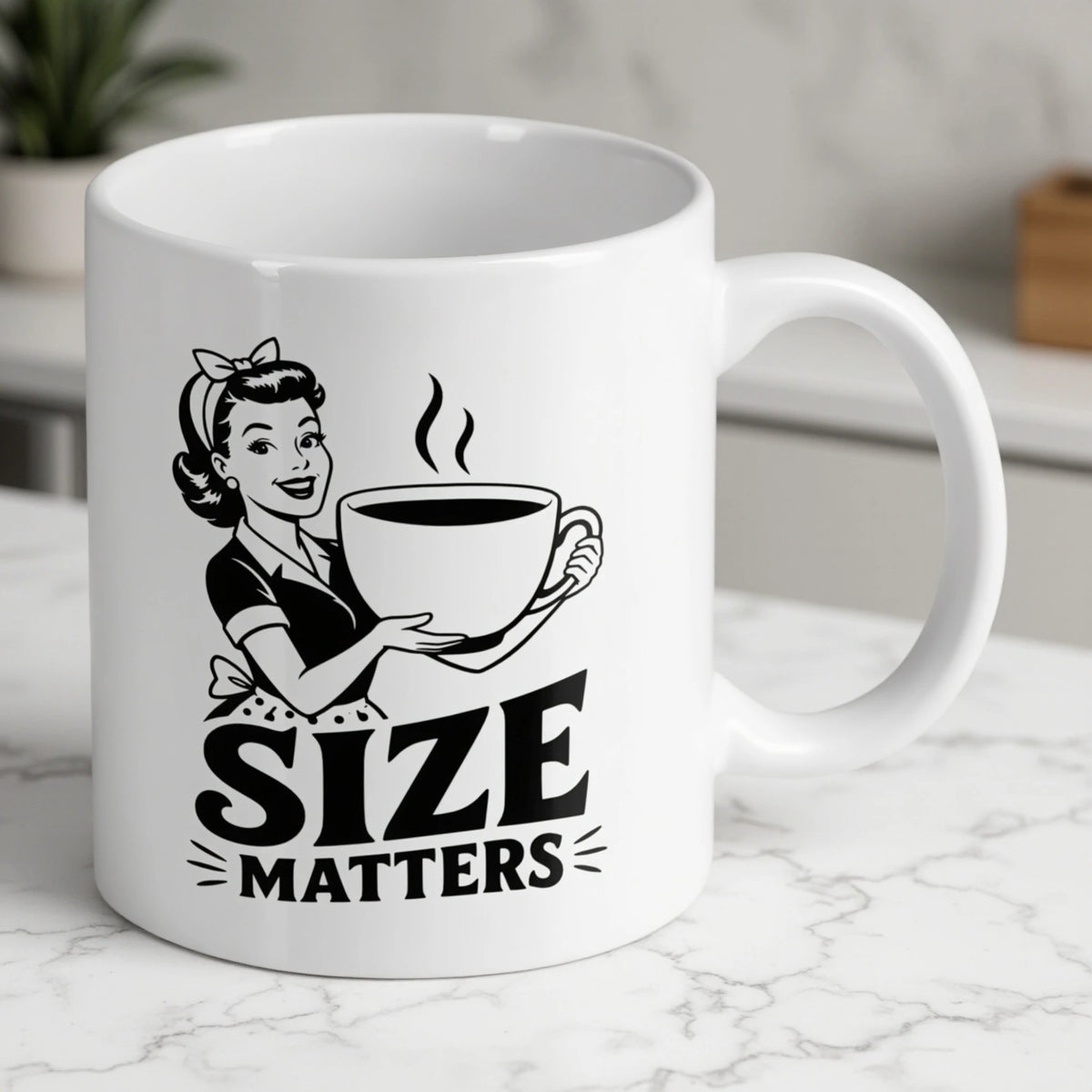 Reverse side of Size Matters mug, cheeky adult humour graphic and retro pop art styling by Laser Design Creations.