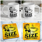 Size Matters mug and coaster combo gift set collage, cheeky retro 1950s comic pop art innuendo theme, by Laser Design Creations.