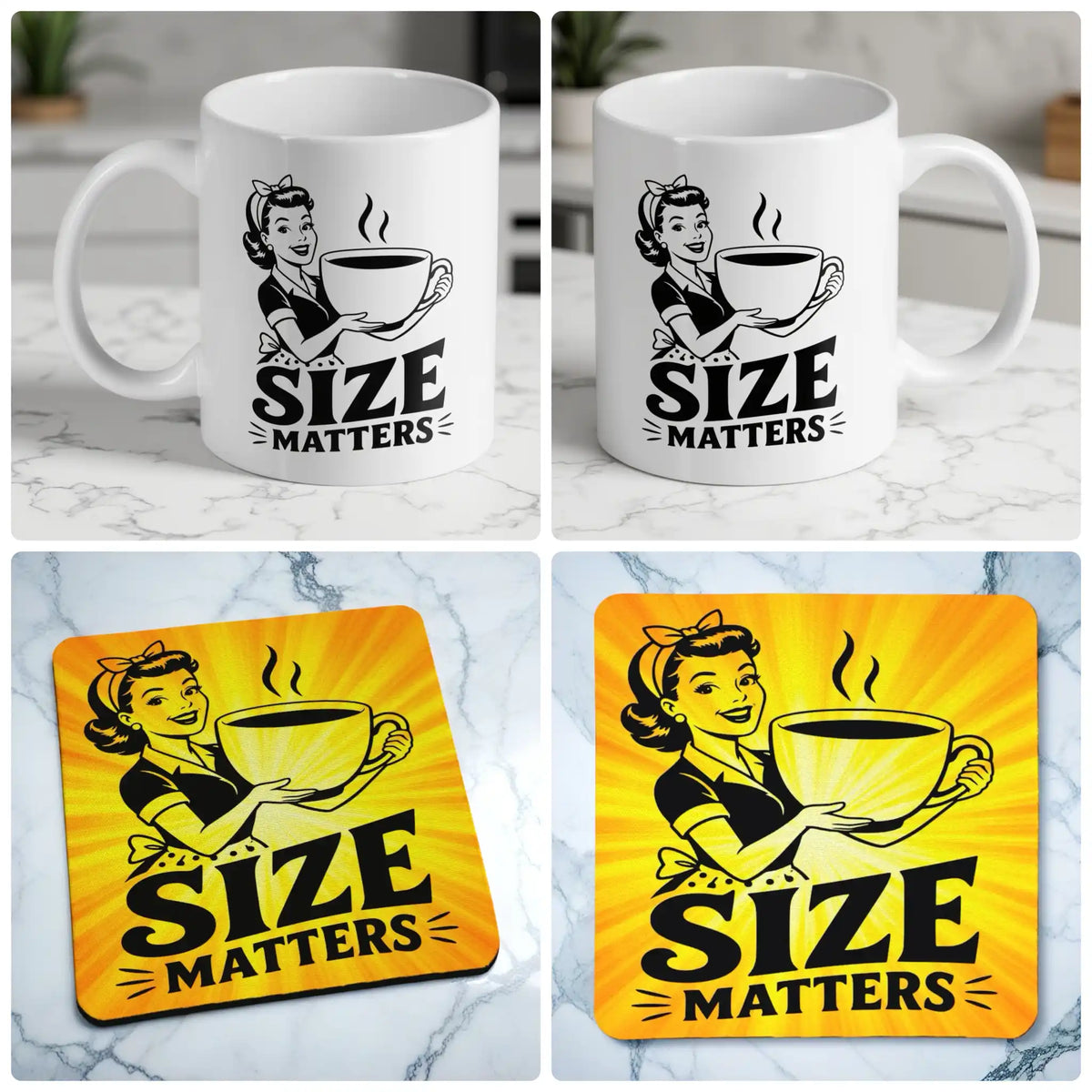 Size Matters mug and coaster combo gift set collage, cheeky retro 1950s comic pop art innuendo theme, by Laser Design Creations.