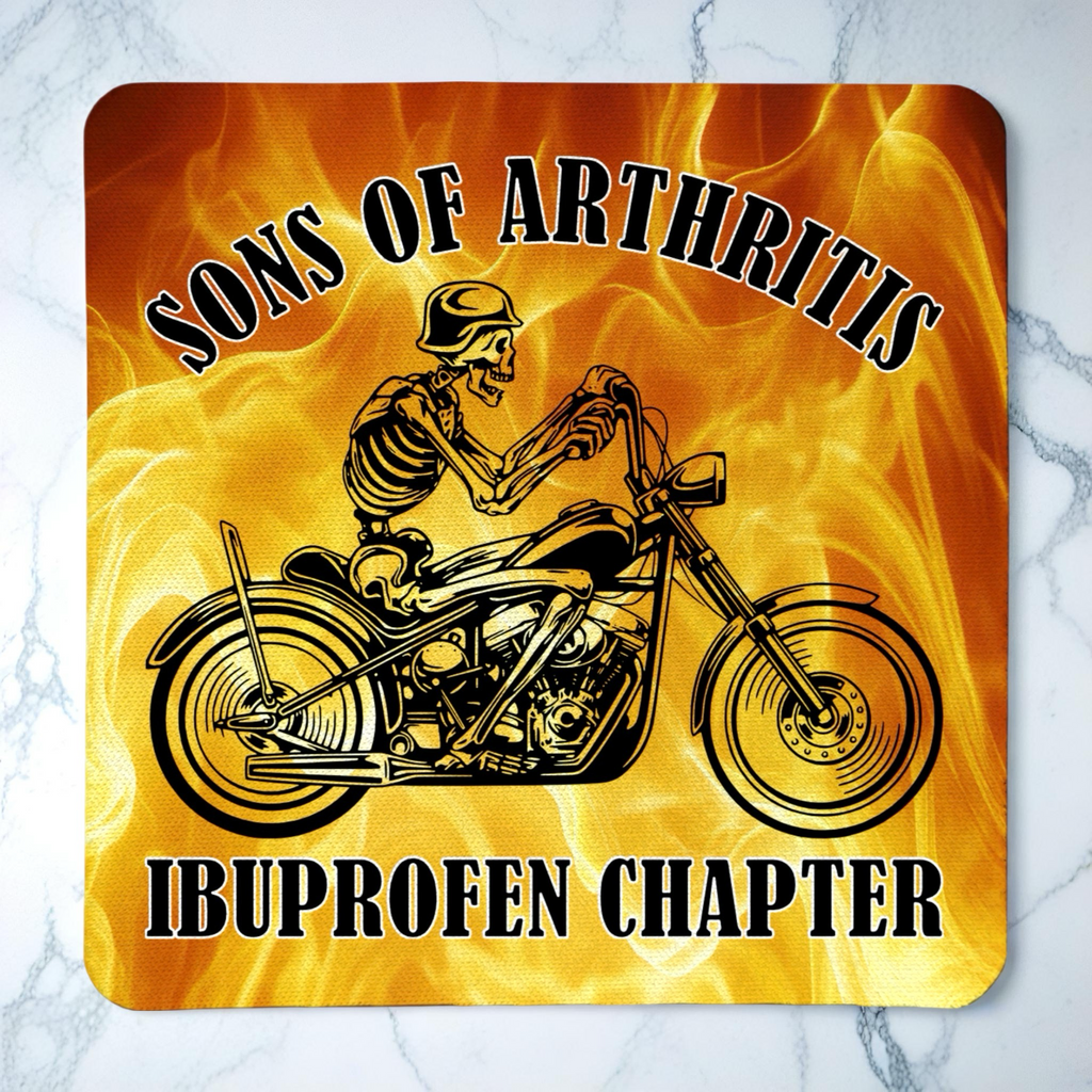 Top view of Sons of Arthritis Biker Skeleton neoprene coaster with a humorous flame motif and biker skeleton imagery, by Laser Design Creations.