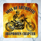 Top view of Sons of Arthritis Biker Skeleton neoprene coaster with a humorous flame motif and biker skeleton imagery, by Laser Design Creations.