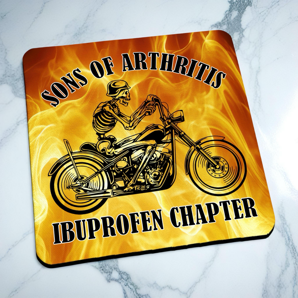 Side view of Sons of Arthritis Biker Skeleton neoprene coaster with biker themed artwork, by Laser Design Creations.