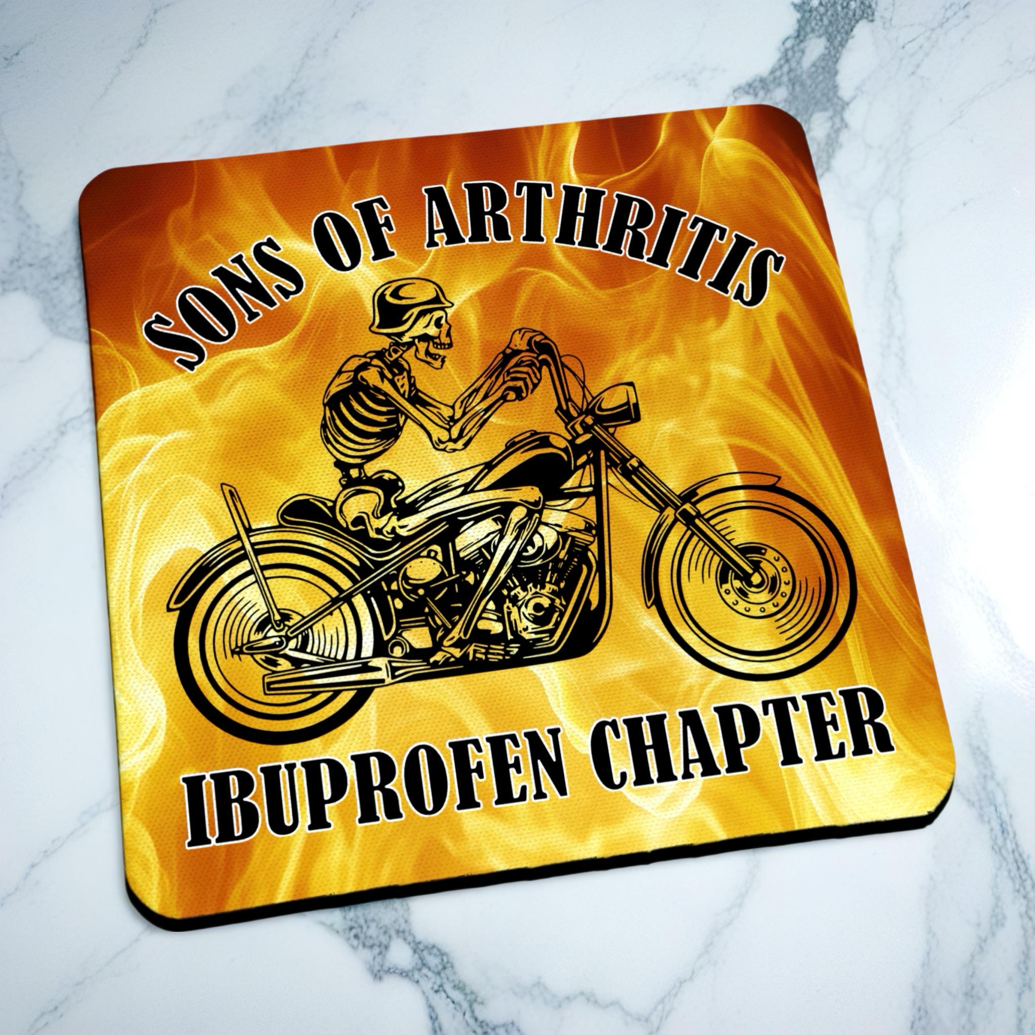 Side view of Sons of Arthritis Biker Skeleton neoprene coaster with biker themed artwork, by Laser Design Creations.