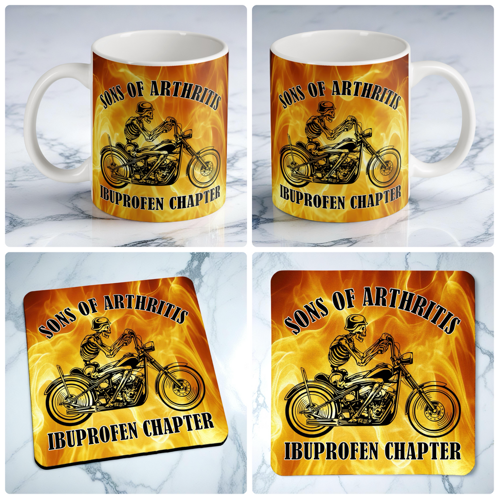 Sons of Arthritis Biker Skeleton mug and coaster combo gift set collage, featuring funny rider humour and flame details, by Laser Design Creations.