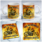 Sons of Arthritis Biker Skeleton mug and coaster combo gift set collage, featuring funny rider humour and flame details, by Laser Design Creations.