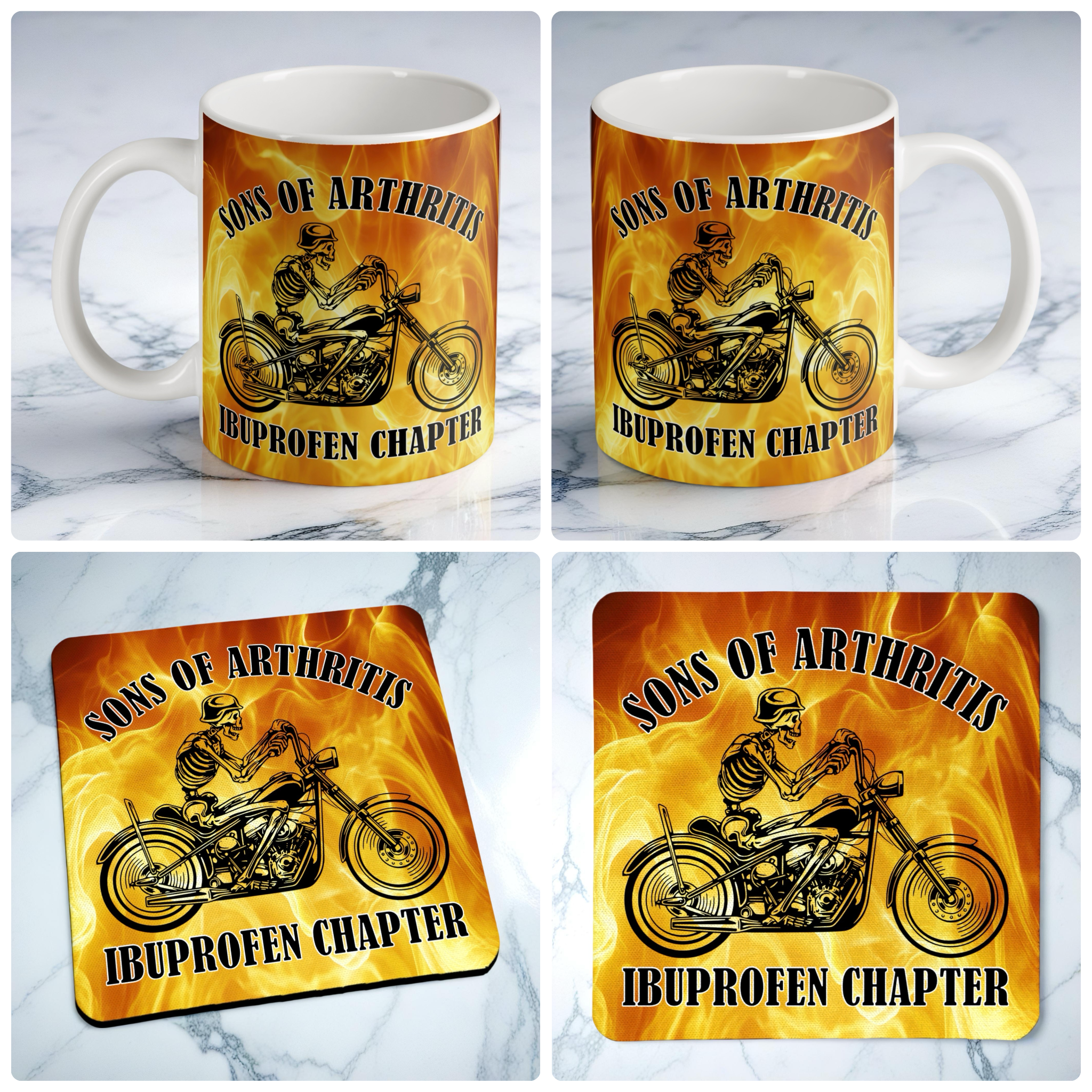 Sons of Arthritis Biker Skeleton mug and coaster combo gift set collage, featuring funny rider humour and flame details, by Laser Design Creations.