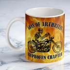 Sons of Arthritis Biker Skeleton ceramic mug by Laser Design Creations, featuring a humorous biker skeleton with a flame motif background.