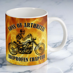 Reverse side of Sons of Arthritis Biker Skeleton mug, displaying the Ibuprofen Chapter quote and classic biker theme by Laser Design Creations.