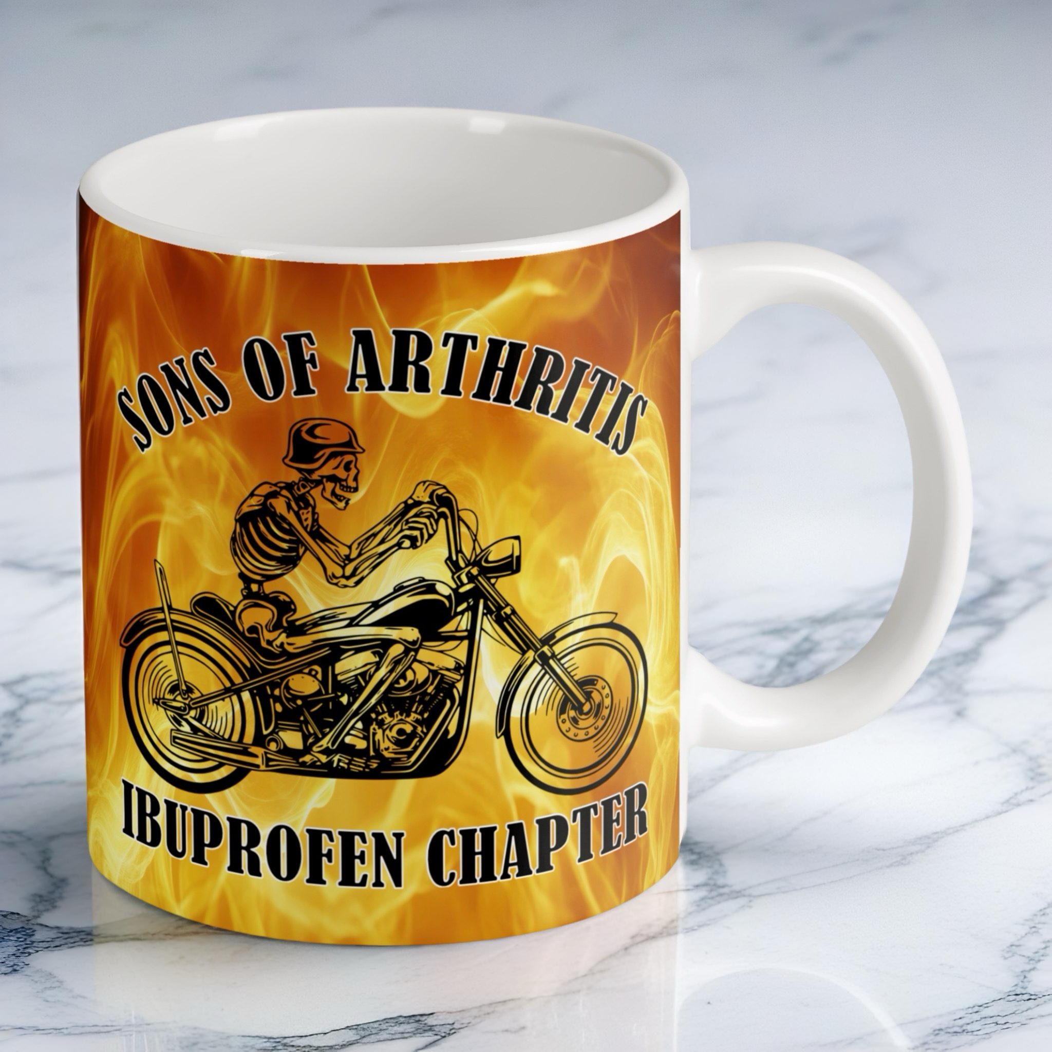 Reverse side of Sons of Arthritis Biker Skeleton mug, displaying the Ibuprofen Chapter quote and classic biker theme by Laser Design Creations.