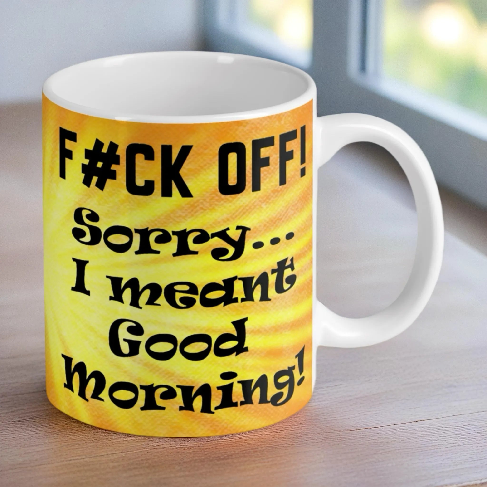 Reverse side of the 'F*ck Off Good Morning' ceramic mug, showcasing the wrap-around artwork by Laser Design Creations.