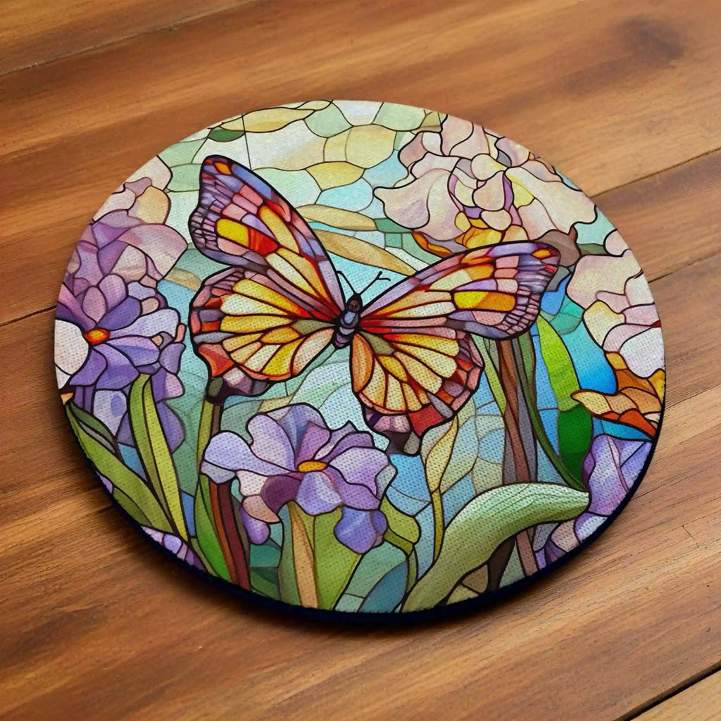 Side view of Stained Glass Butterfly Floral neoprene coasters, showcasing a vibrant mosaic design featuring a brilliant butterfly amidst colourful garden flowers by Laser Design Creations.
